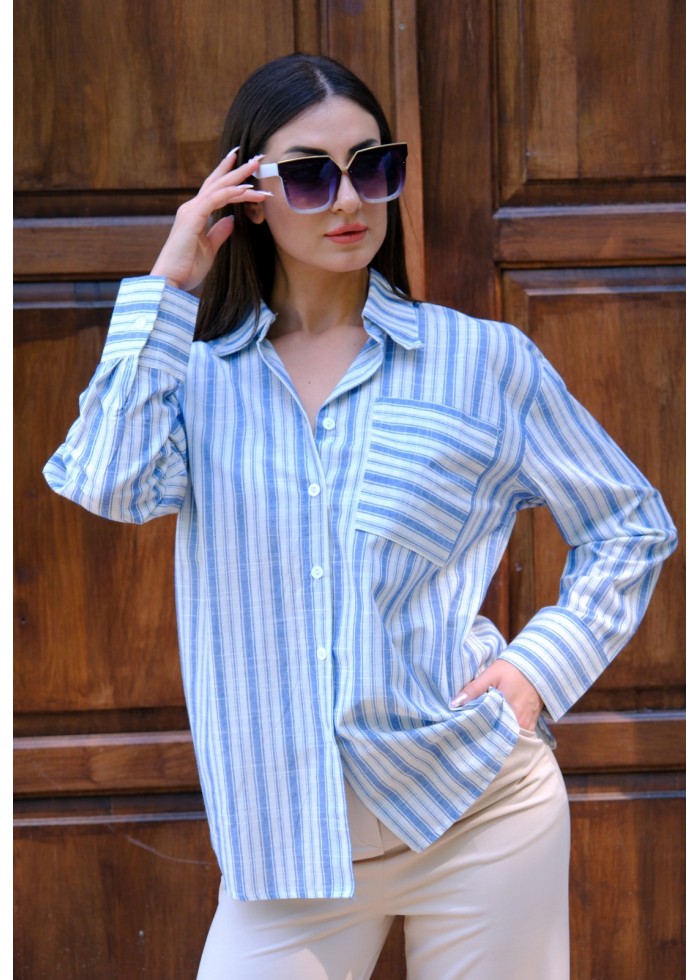Oversize Kalın Çizgili Pamuk Gömlek – Saks