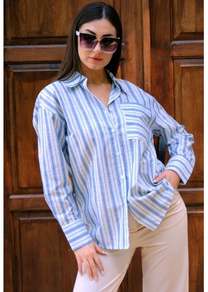 Oversize Kalın Çizgili Pamuk Gömlek – Saks