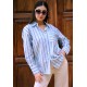 Oversize Kalın Çizgili Pamuk Gömlek – Saks