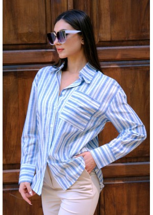 Oversize Kalın Çizgili Pamuk Gömlek – Saks