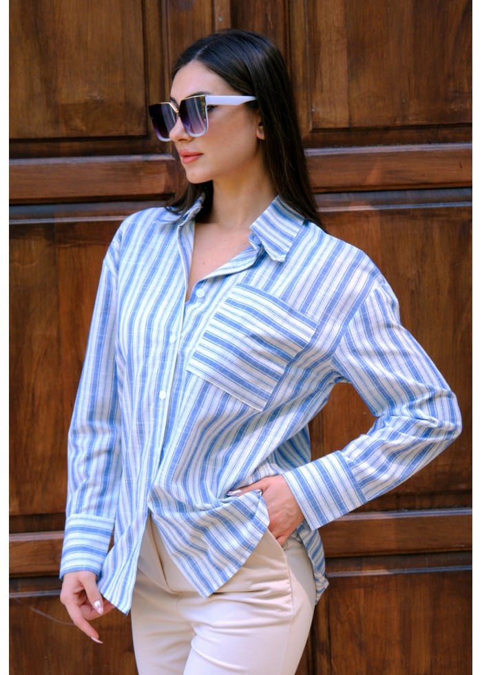Oversize Kalın Çizgili Pamuk Gömlek – Saks