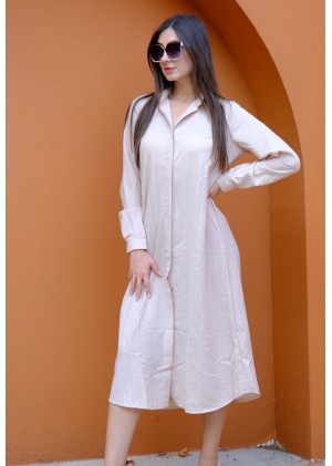 Kadın Soft Touch Düğmeli Uzun Elbise – Bej