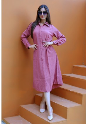 Kadın Soft Touch Düğmeli Uzun Elbise – Gül Kurusu