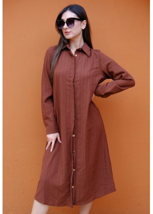 Kadın Soft Touch Düğmeli Uzun Elbise – Kahverengi