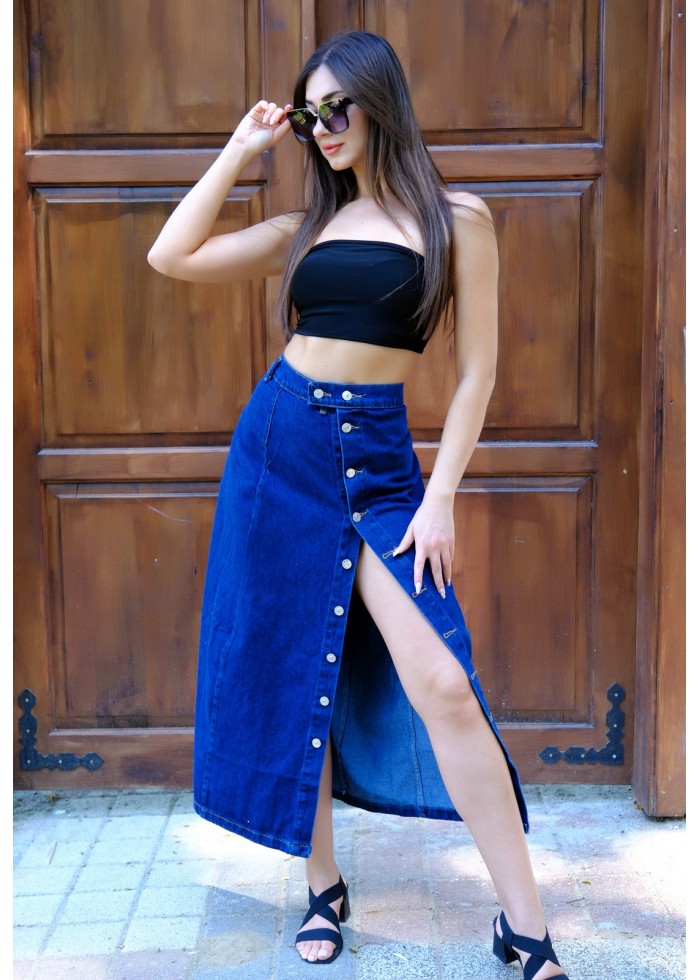 Bold Cut Yandan Düğmeli Denim Etek – Koyu Mavi