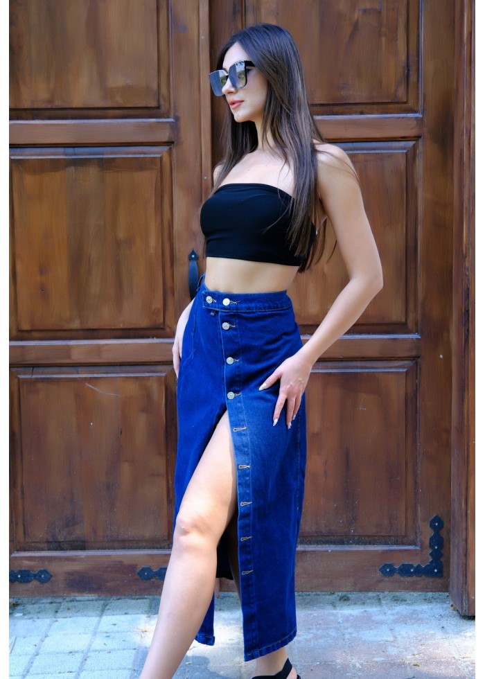Bold Cut Yandan Düğmeli Denim Etek – Koyu Mavi