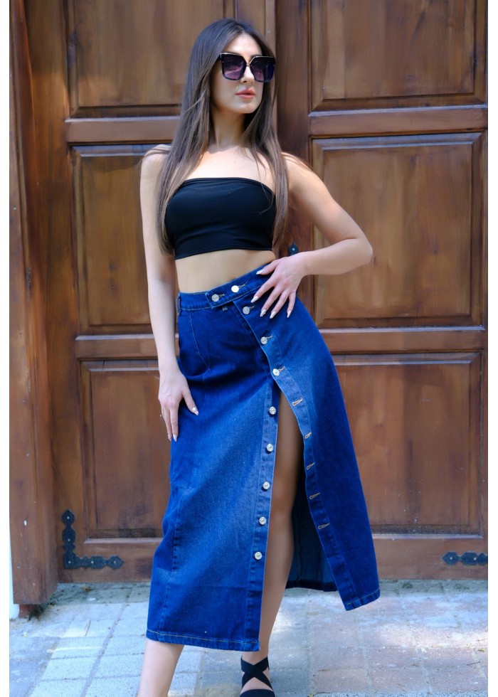 Bold Cut Yandan Düğmeli Denim Etek – Koyu Mavi