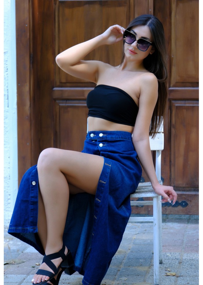 Bold Cut Yandan Düğmeli Denim Etek – Koyu Mavi