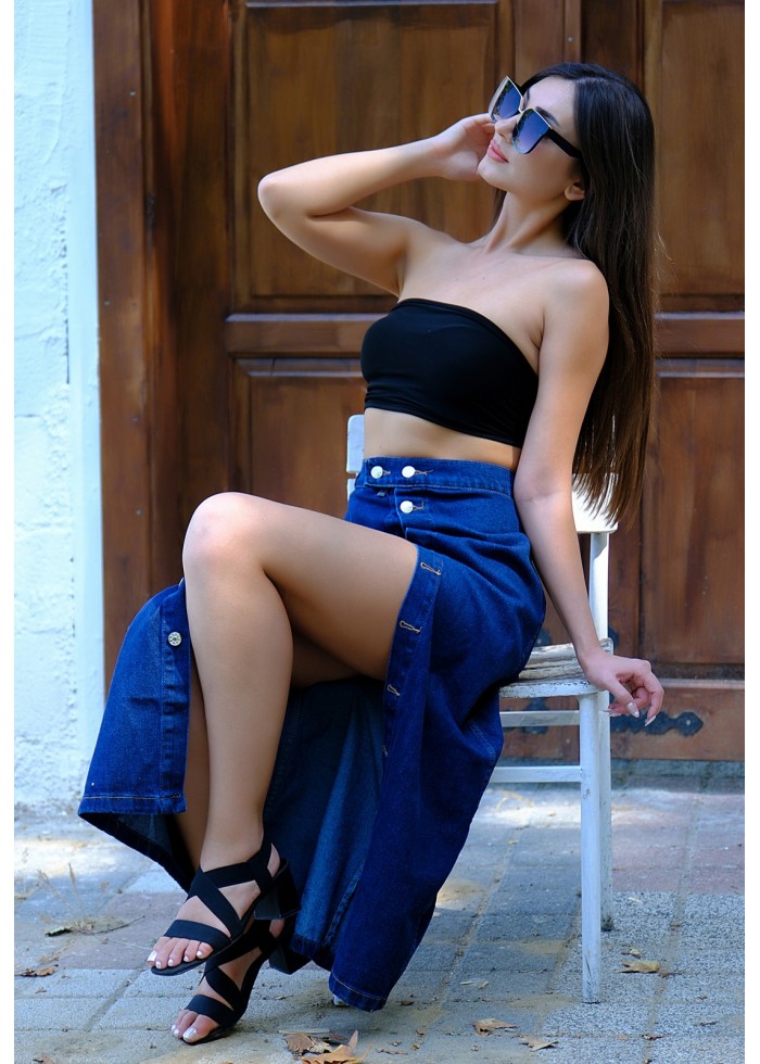 Bold Cut Yandan Düğmeli Denim Etek – Koyu Mavi