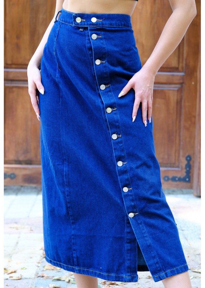 Bold Cut Yandan Düğmeli Denim Etek – Koyu Mavi