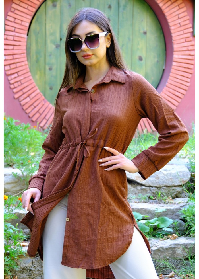 Kadın Fit Şık ve Rahat Bağlamalı Tunik – Kahverengi