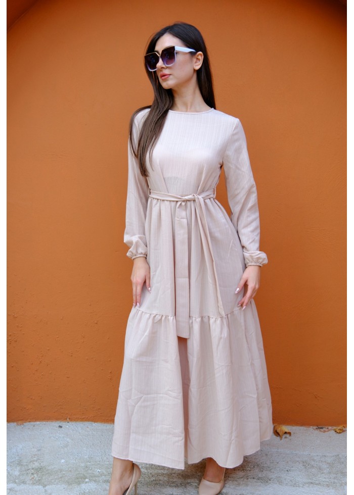 Royal Bloom – Kadın Elegance Kuşak Detaylı Elbise – Bej
