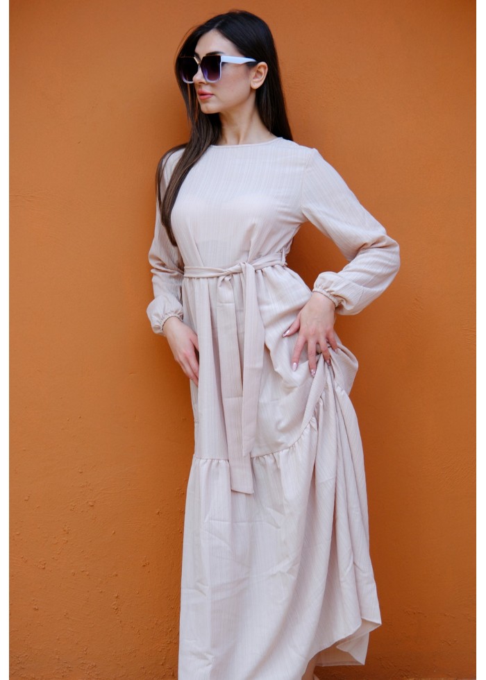 Royal Bloom – Kadın Elegance Kuşak Detaylı Elbise – Bej