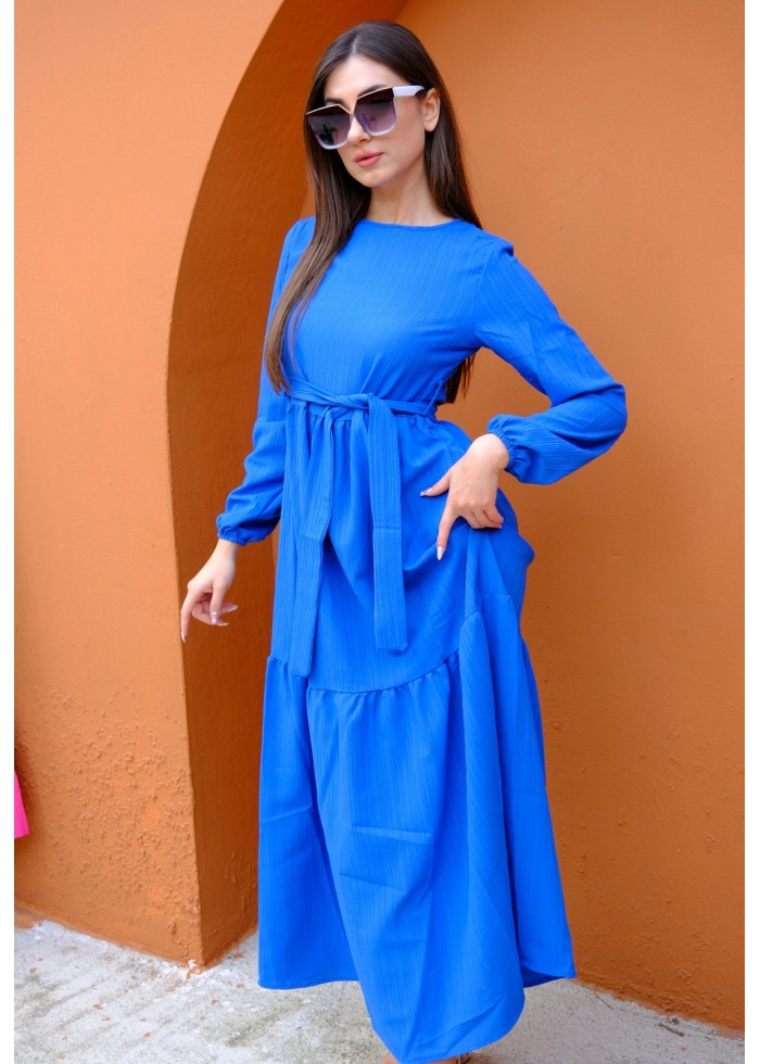 Royal Bloom – Kadın Elegance Kuşak Detaylı Elbise – Saks Mavisi