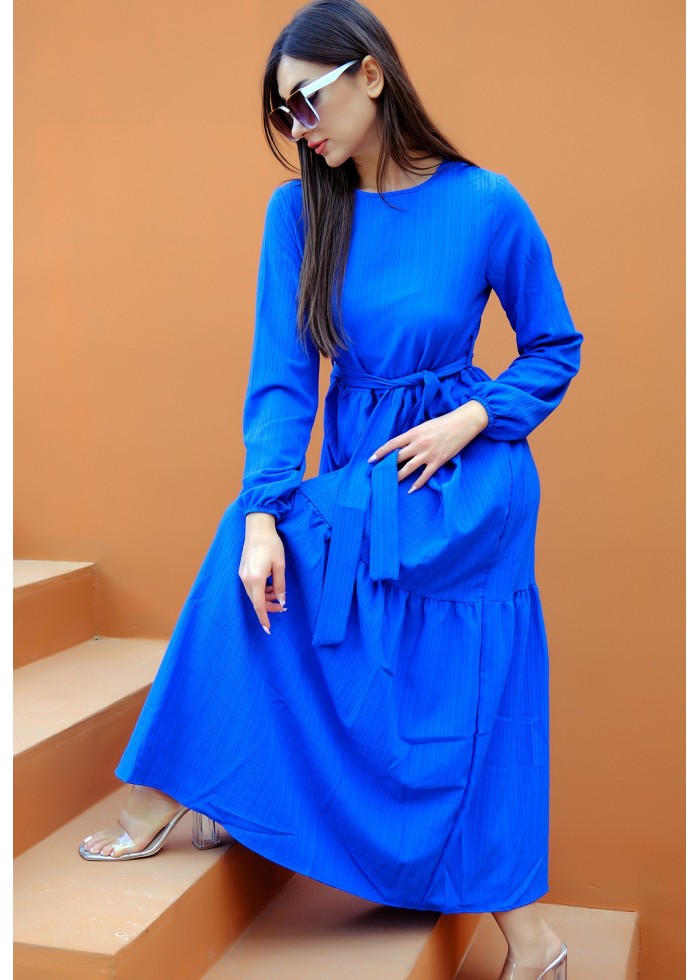 Royal Bloom – Kadın Elegance Kuşak Detaylı Elbise – Saks Mavisi