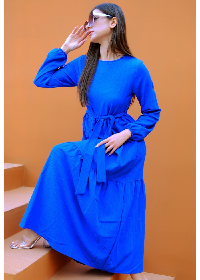 Royal Bloom – Kadın Elegance Kuşak Detaylı Elbise – Saks Mavisi