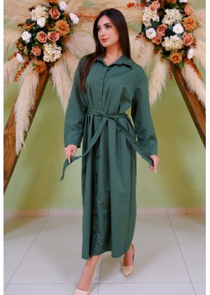 Zamansız Dokunuş – Düğmeli Kuşak Detaylı Elbise – Haki Yeşili