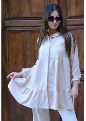 Zarif Duruş – Oversize Fırfırlı Tunik Gömlek – Bej