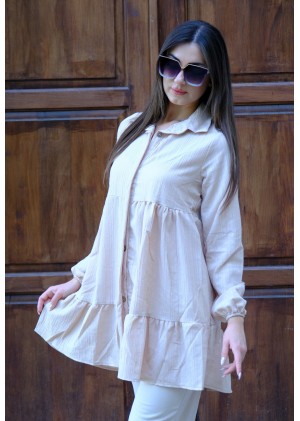 Zarif Duruş – Oversize Fırfırlı Tunik Gömlek – Bej