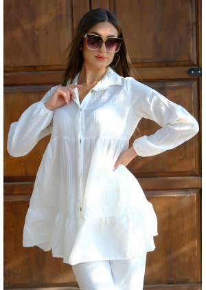 Zarif Duruş – Oversize Fırfırlı Tunik Gömlek – Beyaz