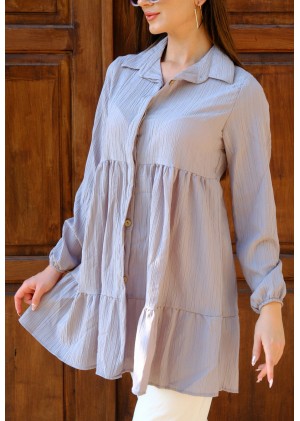 Zarif Duruş – Oversize Fırfırlı Tunik Gömlek – Gri