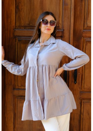 Zarif Duruş – Oversize Fırfırlı Tunik Gömlek – Gri