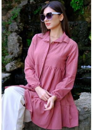 Zarif Duruş – Oversize Fırfırlı Tunik Gömlek – Gül Kurusu