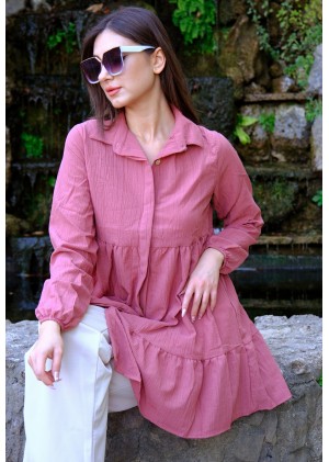 Zarif Duruş – Oversize Fırfırlı Tunik Gömlek – Gül Kurusu