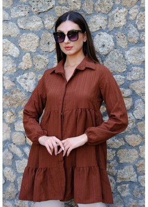 Zarif Duruş – Oversize Fırfırlı Tunik Gömlek – Kahverengi