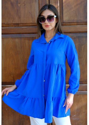 Zarif Duruş – Oversize Fırfırlı Tunik Gömlek – Saks Mavisi