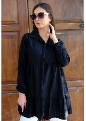 Zarif Duruş – Oversize Fırfırlı Tunik Gömlek – Siyah