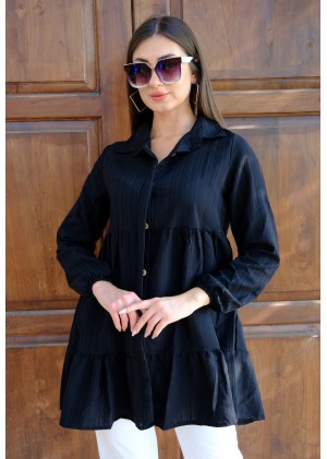 Zarif Duruş – Oversize Fırfırlı Tunik Gömlek – Siyah