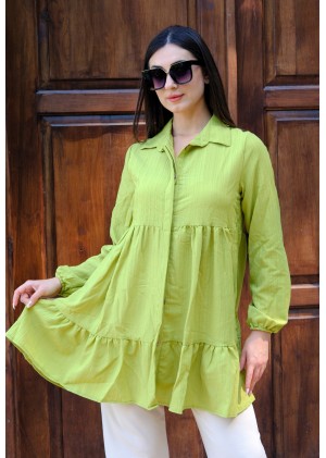 Zarif Duruş – Oversize Fırfırlı Tunik Gömlek – Yağ Yeşili