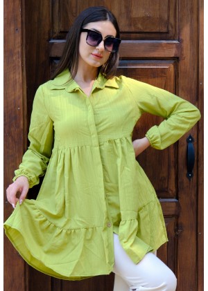 Zarif Duruş – Oversize Fırfırlı Tunik Gömlek – Yağ Yeşili