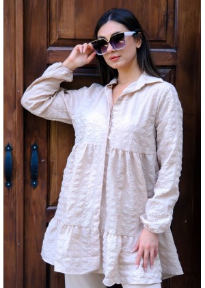 Zarif Duruş – Gofre Tunik – Açık Bej