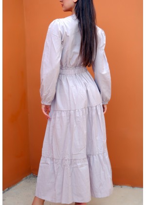 Nakış Detaylı Beli Lastikli Elbise – Açık Vizon