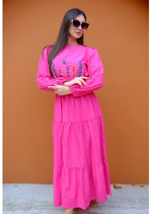 Nakış Detaylı Beli Lastikli Elbise – Fuşya