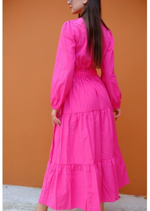 Nakış Detaylı Beli Lastikli Elbise – Fuşya