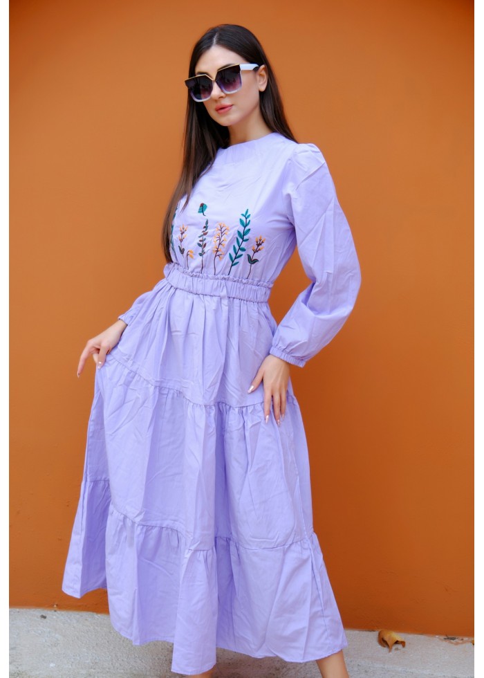 Nakış Detaylı Beli Lastikli Elbise – Lila