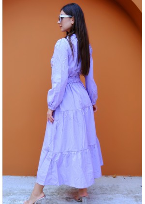 Nakış Detaylı Beli Lastikli Elbise – Lila