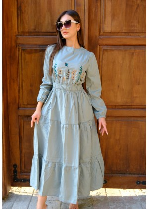 Nakış Detaylı Beli Lastikli Elbise – Mint