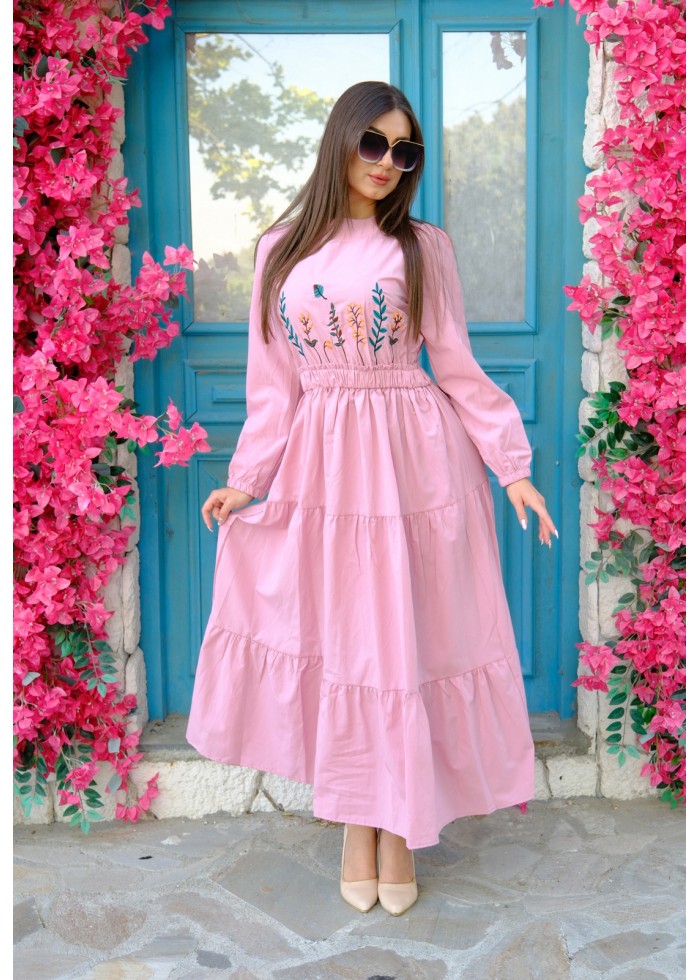 Nakış Detaylı Beli Lastikli Elbise – Pembe
