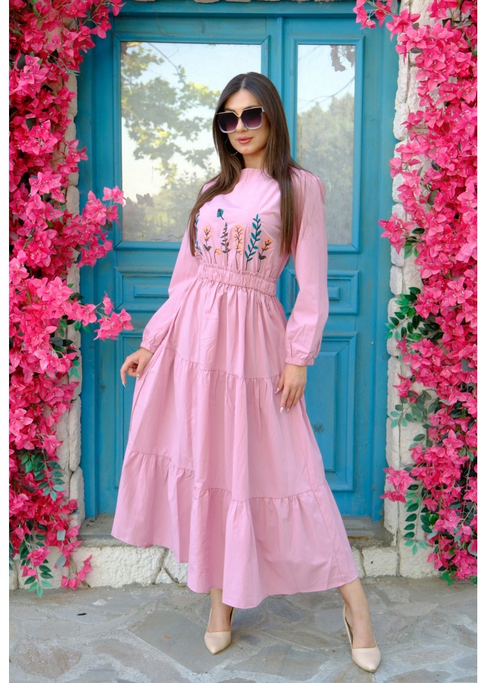 Nakış Detaylı Beli Lastikli Elbise – Pembe