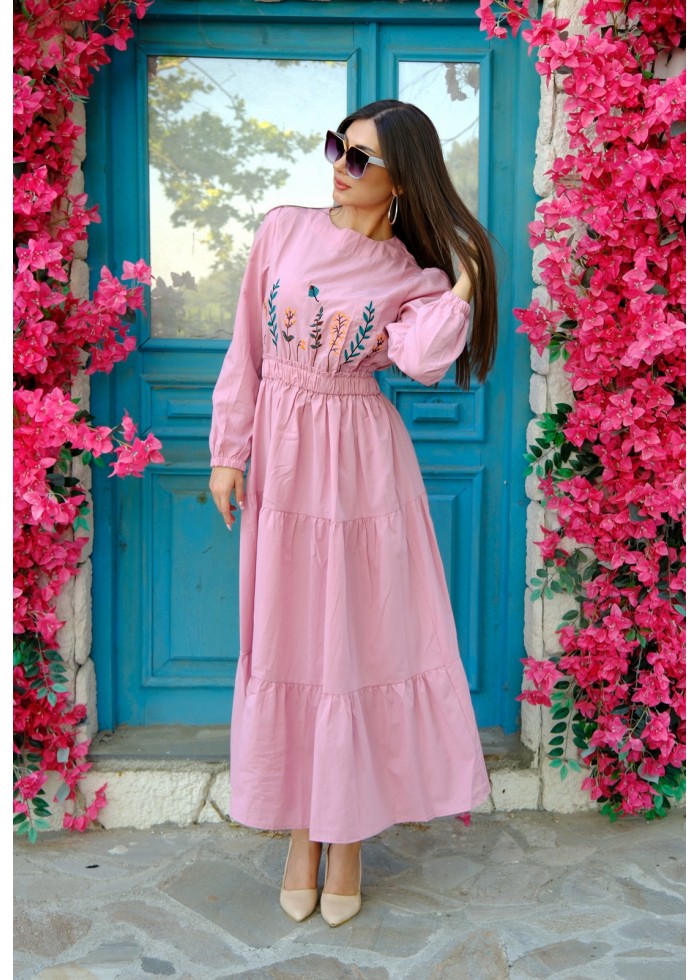 Nakış Detaylı Beli Lastikli Elbise – Pembe