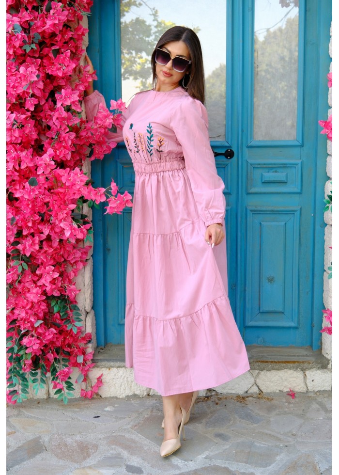 Nakış Detaylı Beli Lastikli Elbise – Pembe