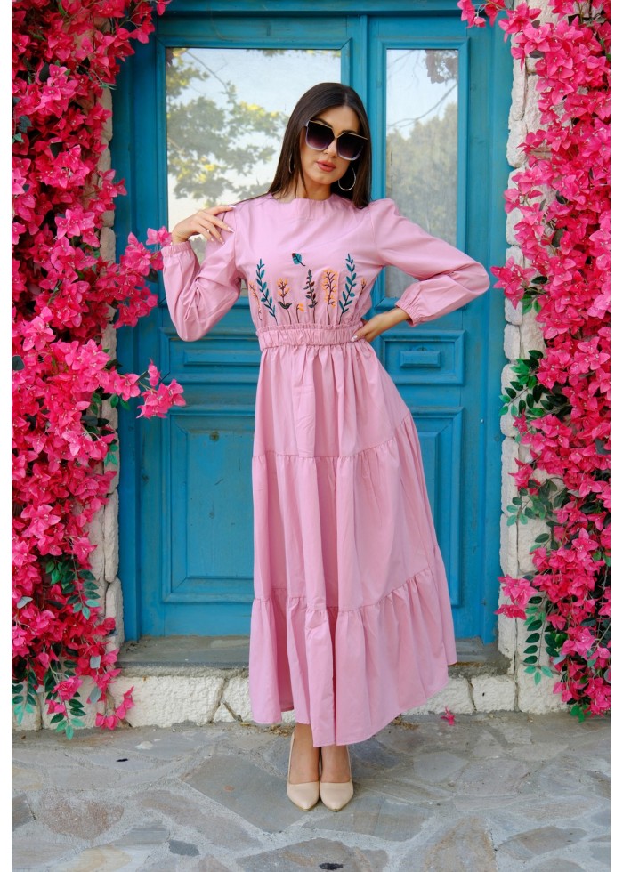 Nakış Detaylı Beli Lastikli Elbise – Pembe