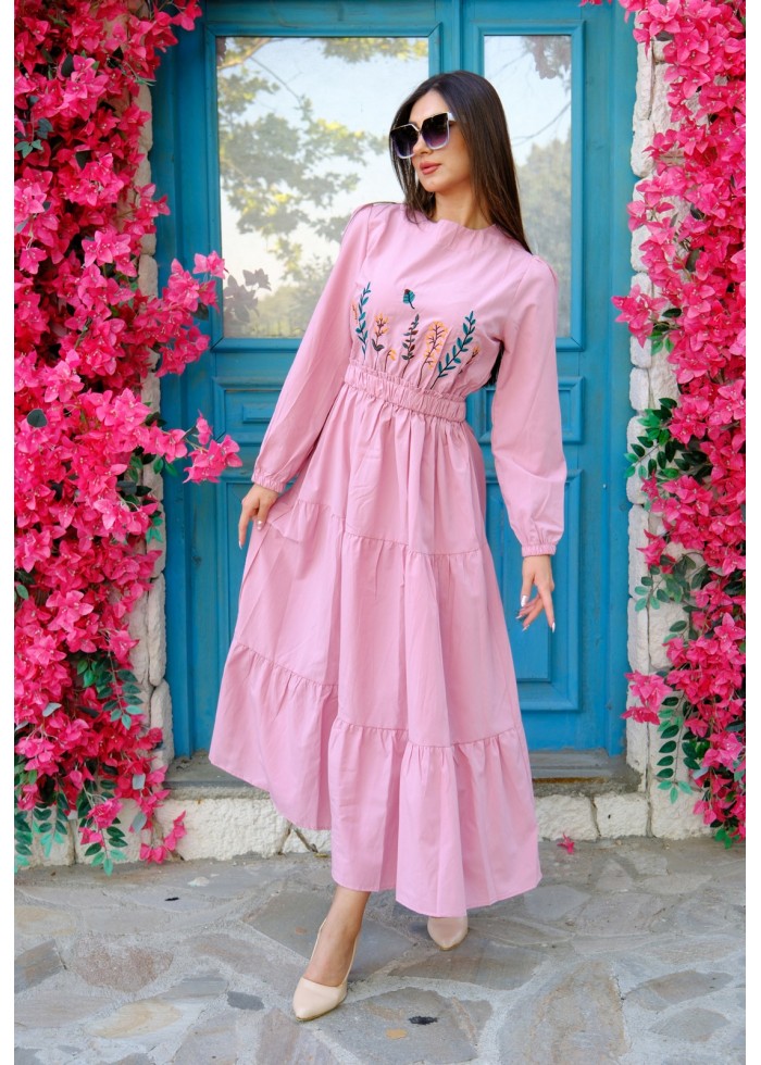 Nakış Detaylı Beli Lastikli Elbise – Pembe