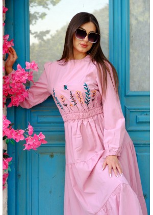 Nakış Detaylı Beli Lastikli Elbise – Pembe